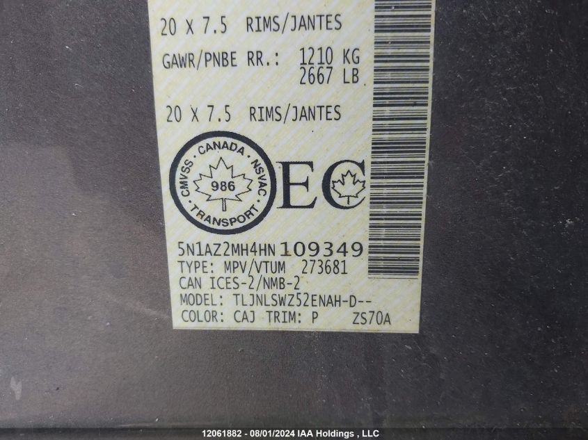 2017 Nissan Murano S/Sl/Sv/Platinum VIN: 5N1AZ2MH4HN109349 Lot: 12061882