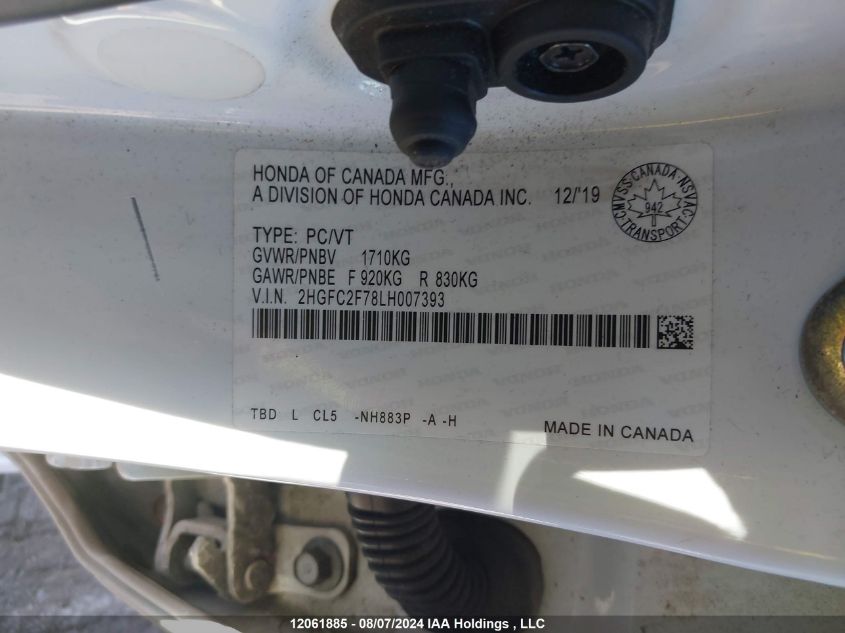 2020 Honda Civic Ex 4Dr VIN: 2HGFC2F78LH007393 Lot: 12061885