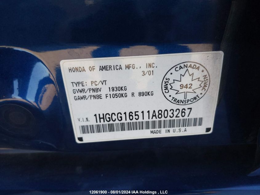 2001 Honda Accord Sdn VIN: 1HGCG16511A803267 Lot: 12061900