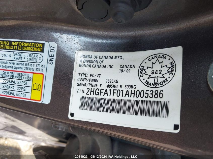 2010 Honda Civic Sdn VIN: 2HGFA1F01AH005386 Lot: 12061923