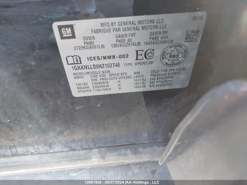 2017 GMC Acadia VIN: 1GKKNLLS9HZ162746 Lot: 12061926
