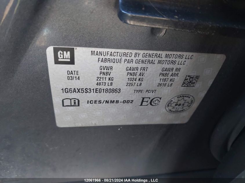 2014 Cadillac Cts VIN: 1G6AX5S31E0180863 Lot: 12061966