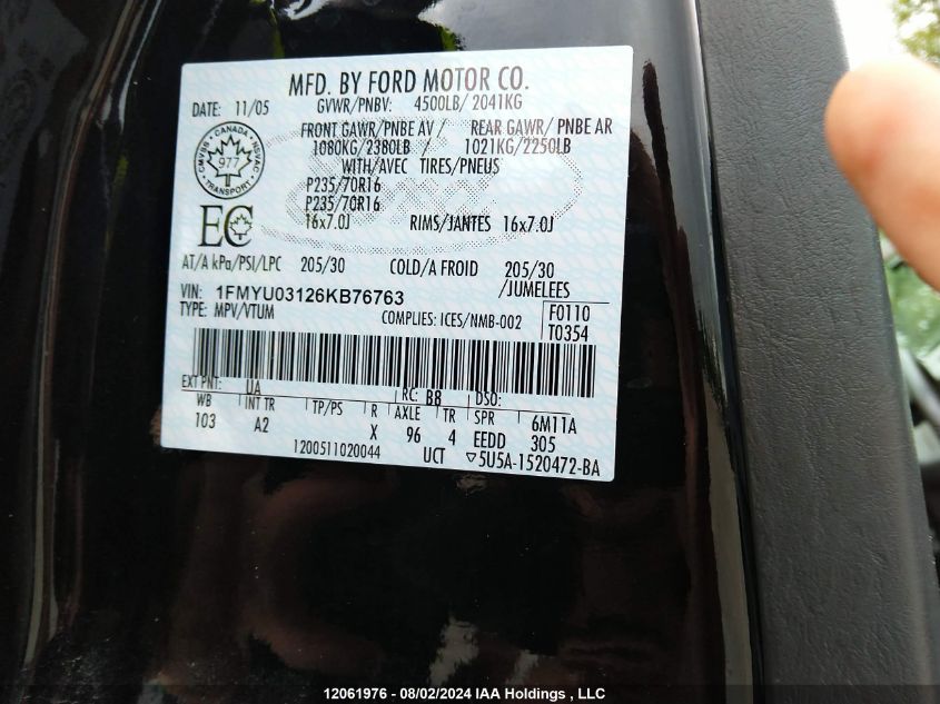 2006 Ford Escape VIN: 1FMYU03126KB76763 Lot: 12061976