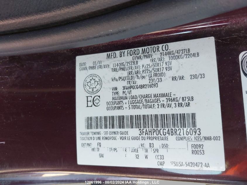 2011 Ford Fusion Sel VIN: 3FAHP0CG4BR216093 Lot: 12061996