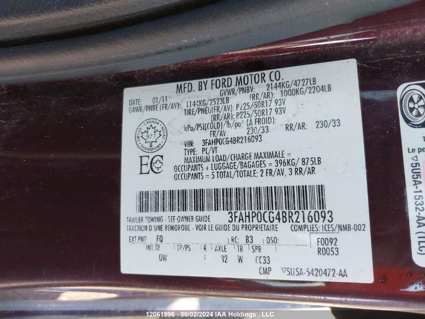 2011 Ford Fusion Sel VIN: 3FAHP0CG4BR216093 Lot: 12061996