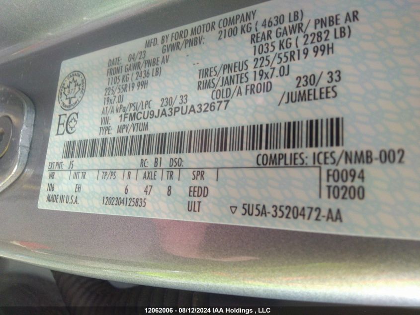 2023 Ford Escape Platinum VIN: 1FMCU9JA3PUA32677 Lot: 12062006