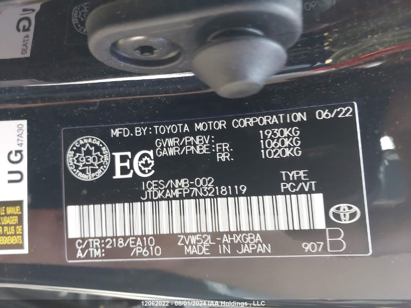 2022 Toyota Prius Prime VIN: JTDKAMFP7N3218119 Lot: 12062022