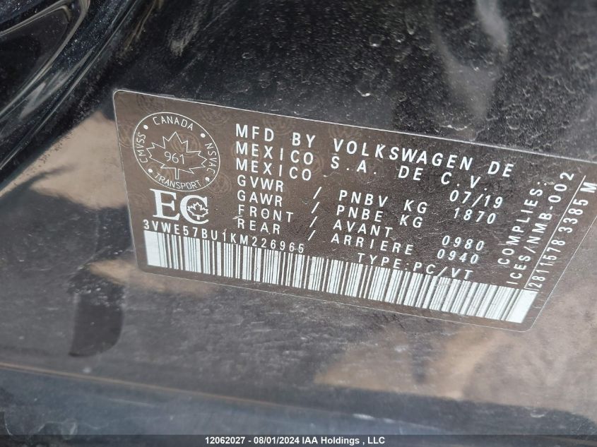 2019 Volkswagen Jetta VIN: 3VWE57BU1KM226965 Lot: 12062027