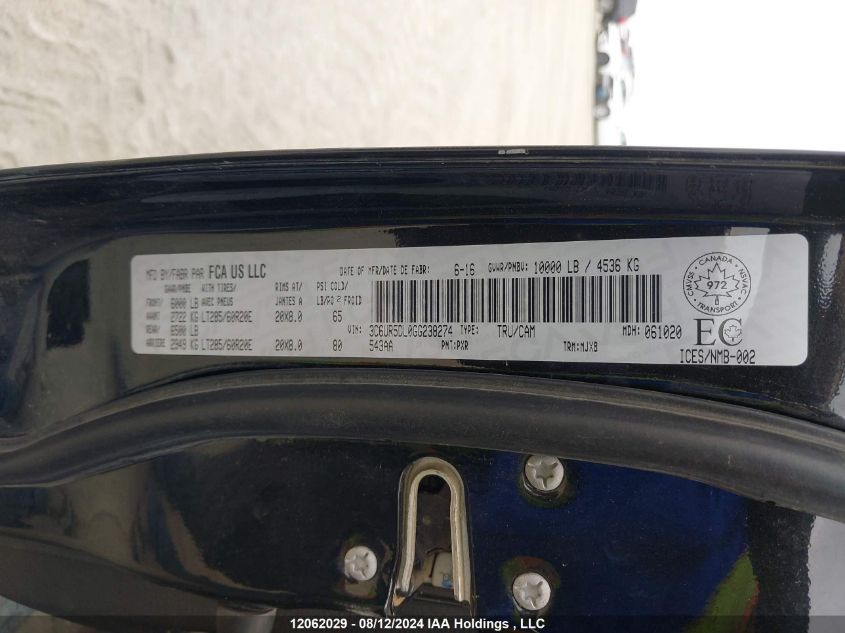 2016 Ram 2500 VIN: 3C6UR5DL0GG238274 Lot: 12062029