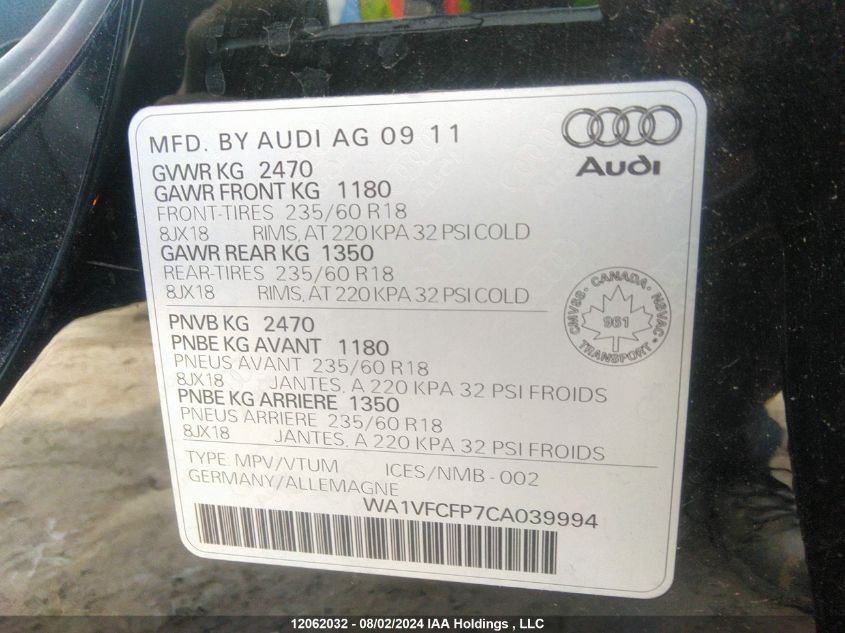 2012 Audi Q5 VIN: WA1VFCFP7CA039994 Lot: 12062032