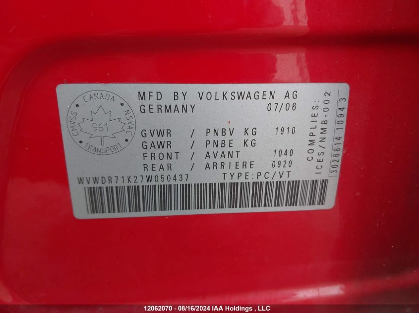 2007 Volkswagen Rabbit VIN: WVWDR71K27W050437 Lot: 12062070