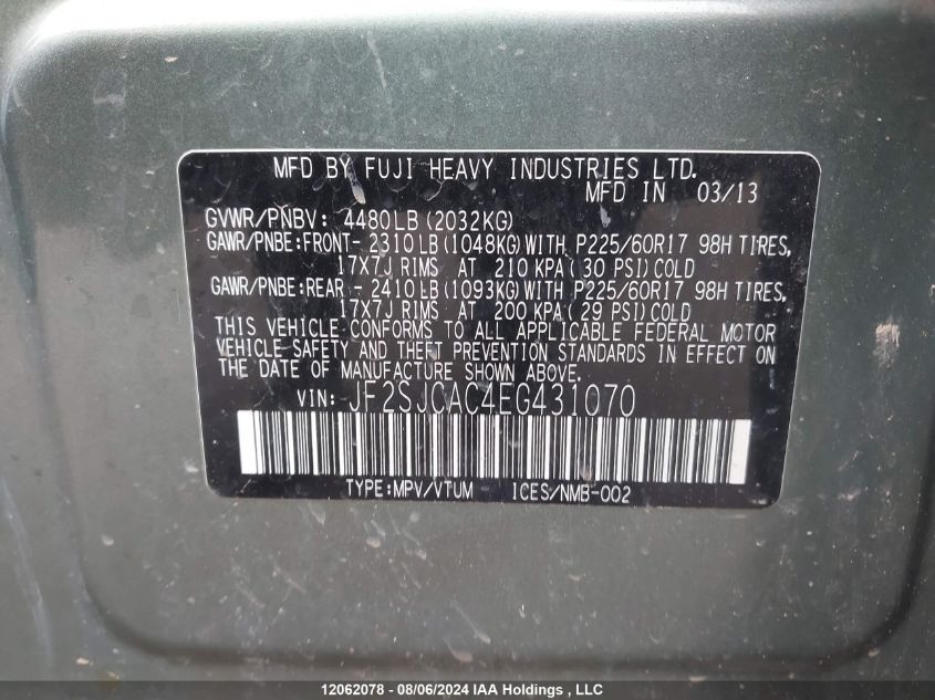 2014 Subaru Forester VIN: JF2SJCAC4EG431070 Lot: 12062078