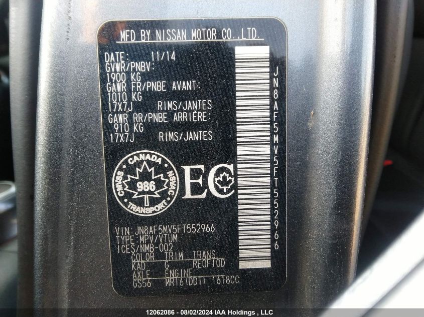 2015 Nissan Juke VIN: JN8AF5MV5FT552966 Lot: 12062086