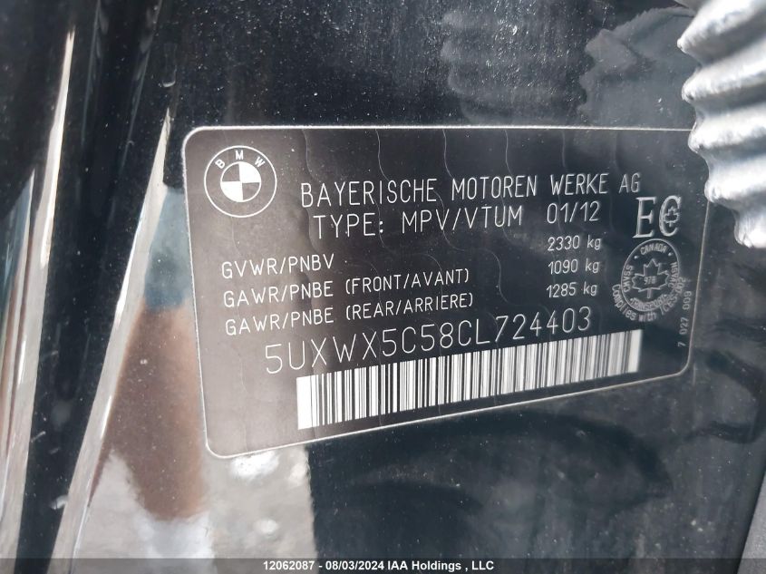 2012 BMW X3 VIN: 5UXWX5C58CL724403 Lot: 12062087