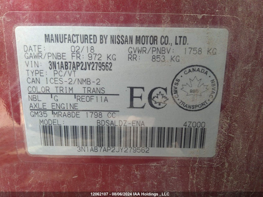 2018 Nissan Sentra VIN: 3N1AB7AP2JY279562 Lot: 12062107