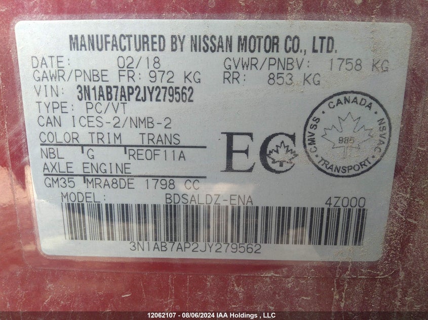 2018 Nissan Sentra VIN: 3N1AB7AP2JY279562 Lot: 12062107