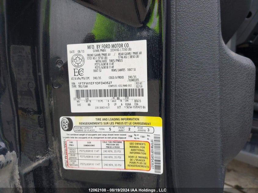 2013 Ford F150 Supercrew VIN: 1FTFW1EF1DFD43527 Lot: 12062108