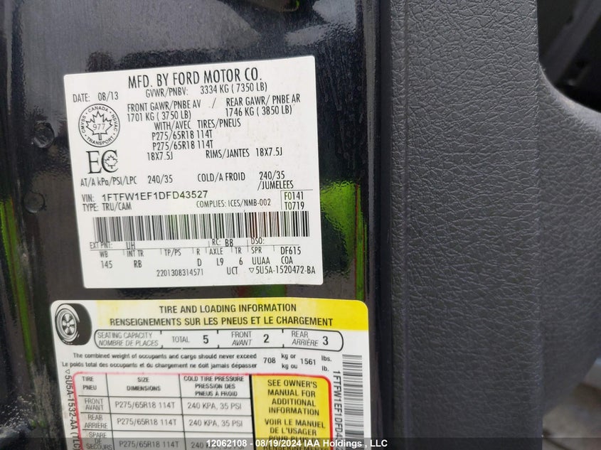 2013 Ford F150 Supercrew VIN: 1FTFW1EF1DFD43527 Lot: 12062108