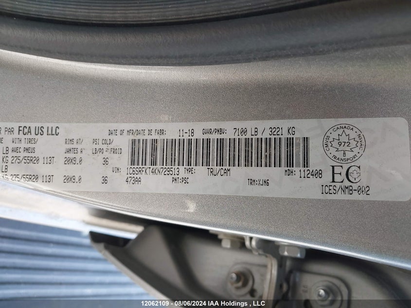 2019 Dodge Ram 1500 VIN: 1C6SRFKT4KN729513 Lot: 12062109