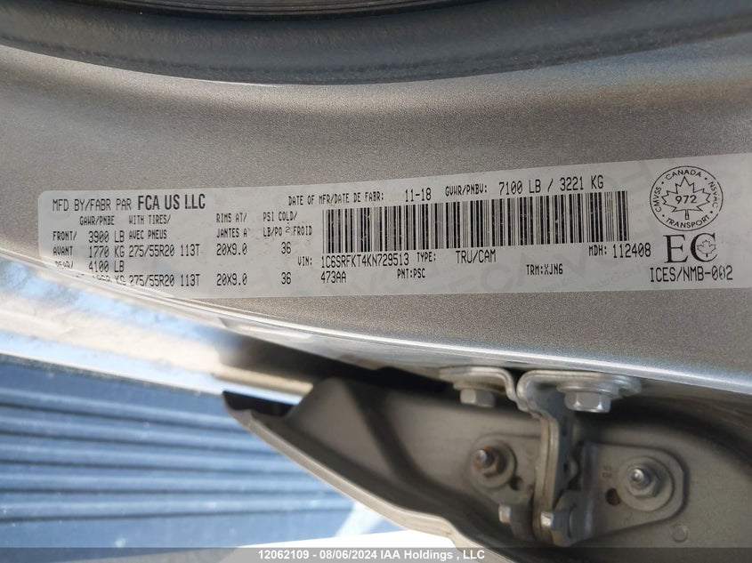 2019 Dodge Ram 1500 VIN: 1C6SRFKT4KN729513 Lot: 12062109