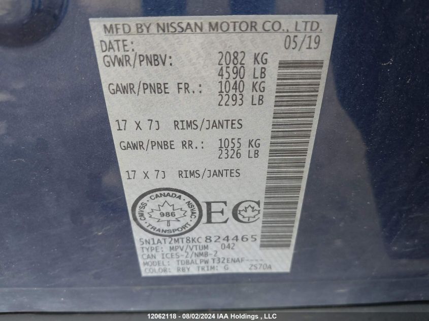 2019 Nissan Rogue VIN: 5N1AT2MT8KC824465 Lot: 12062118