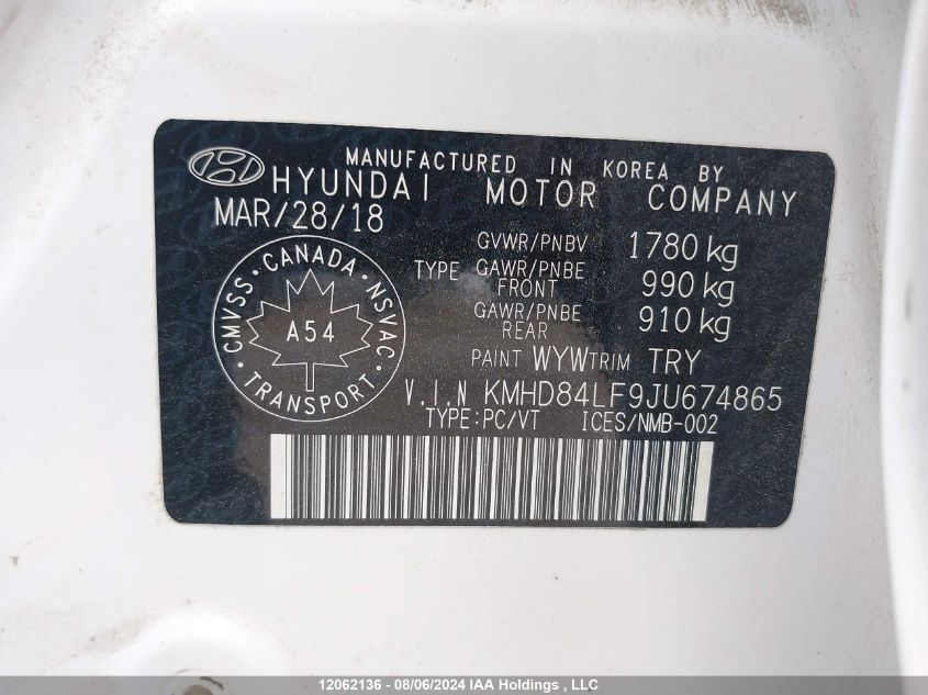 2018 Hyundai Elantra Sel/Value/Limited VIN: KMHD84LF9JU674865 Lot: 12062136