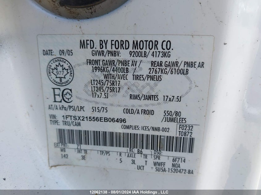 2006 Ford Super Duty F-250 VIN: 1FTSX21556EB06496 Lot: 12062138