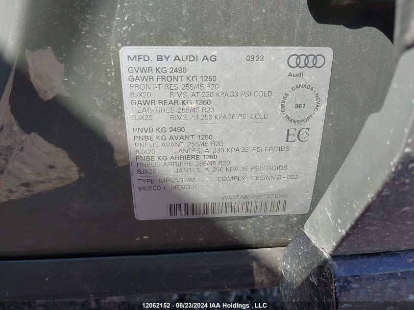 2024 Audi Q5 VIN: WA1EAAFY3R2021040 Lot: 12062152