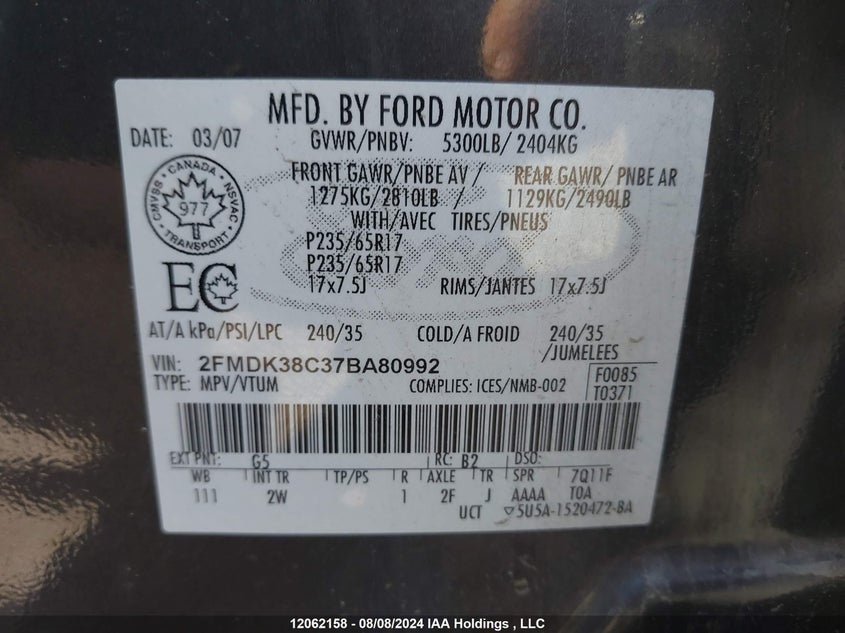 2007 Ford Edge VIN: 2FMDK38C37BA80992 Lot: 12062158