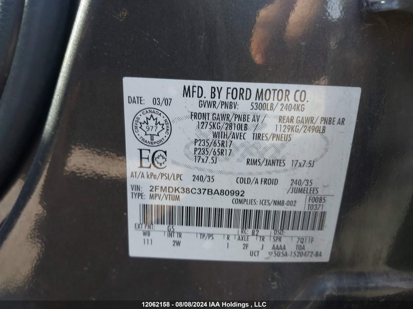 2007 Ford Edge VIN: 2FMDK38C37BA80992 Lot: 12062158