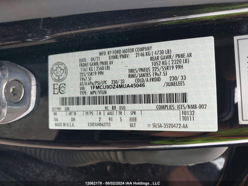 2021 Ford Escape Titanium Hybrid VIN: 1FMCU9DZ4MUA45046 Lot: 12062178