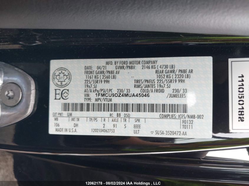 2021 Ford Escape Titanium Hybrid VIN: 1FMCU9DZ4MUA45046 Lot: 12062178