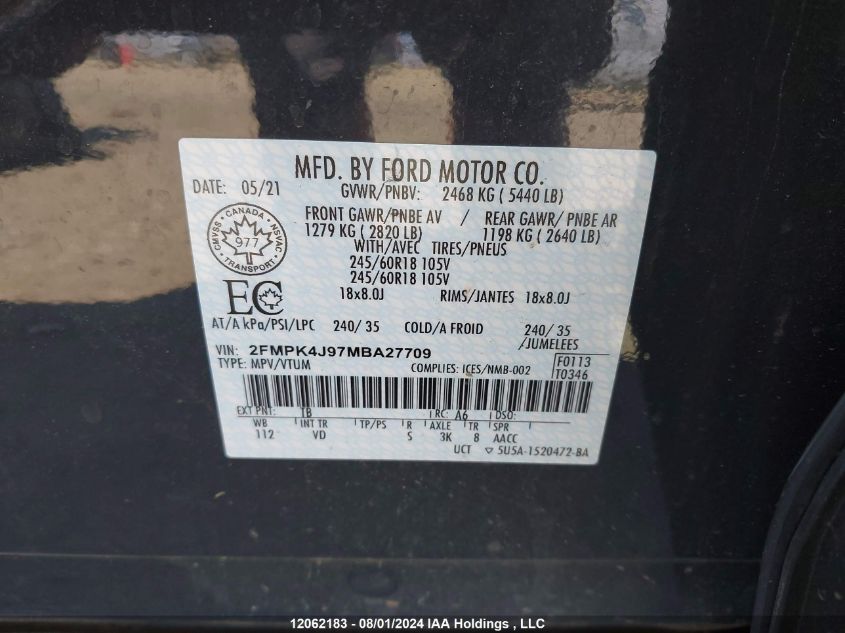 2021 Ford Edge Sel VIN: 2FMPK4J97MBA27709 Lot: 12062183