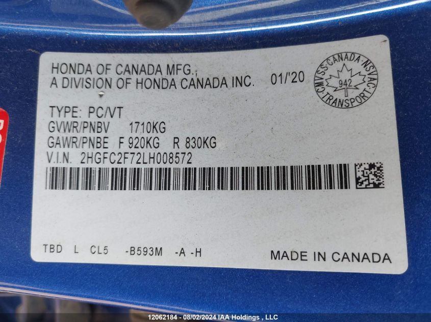 2020 Honda Civic Ex 4Dr VIN: 2HGFC2F72LH008572 Lot: 12062184