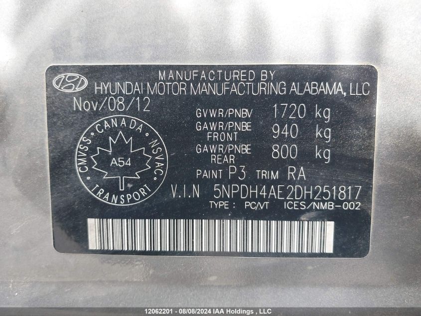 2013 Hyundai Elantra Gl VIN: 5NPDH4AE2DH251817 Lot: 12062201