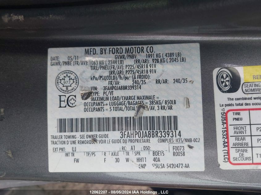 2011 Ford Fusion VIN: 3FAHP0JA8BR339314 Lot: 12062207