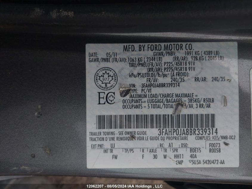 2011 Ford Fusion VIN: 3FAHP0JA8BR339314 Lot: 12062207