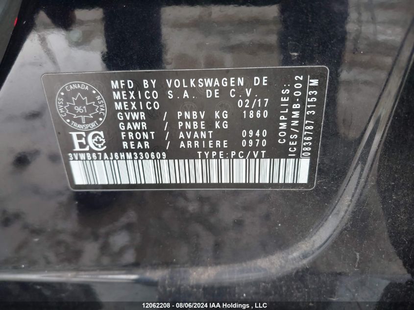 2017 Volkswagen Jetta Sedan VIN: 3VWB67AJ6HM330609 Lot: 12062208