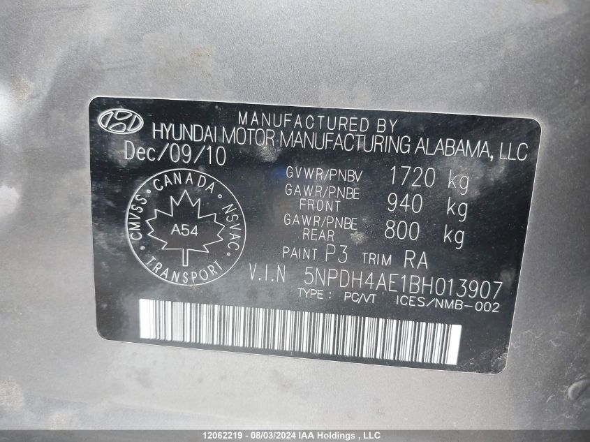 2011 Hyundai Elantra VIN: 5NPDH4AE1BH013907 Lot: 12062219