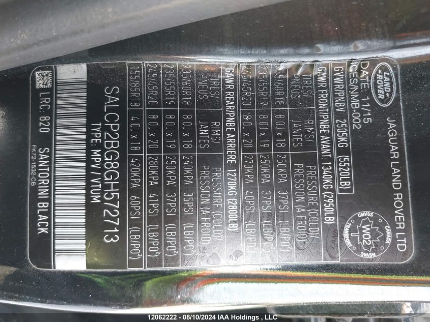 2016 Land Rover Discovery Sport VIN: SALCP2BG8GH572713 Lot: 12062222