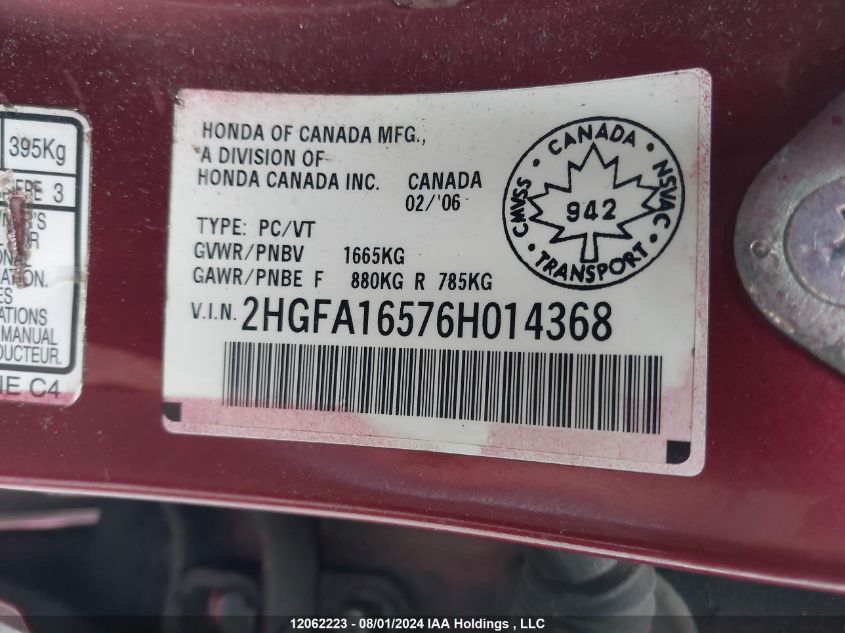 2HGFA16576H014368 2006 Honda Civic Lx