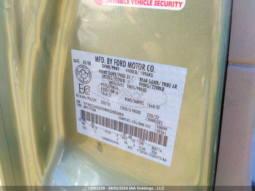 2008 Ford Escape Xls VIN: 1FMCU02Z08KD55260 Lot: 12062229