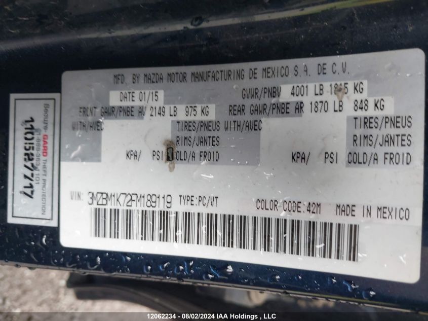 2015 Mazda Mazda3 VIN: 3MZBM1K72FM189119 Lot: 12062234