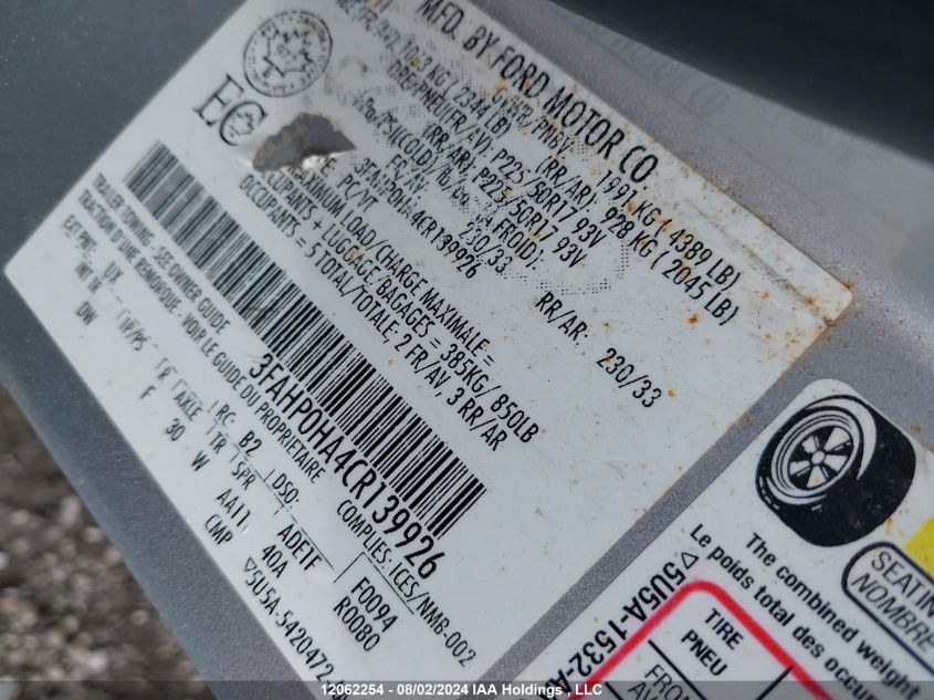 2012 Ford Fusion Se VIN: 3FAHP0HA4CR139926 Lot: 12062254