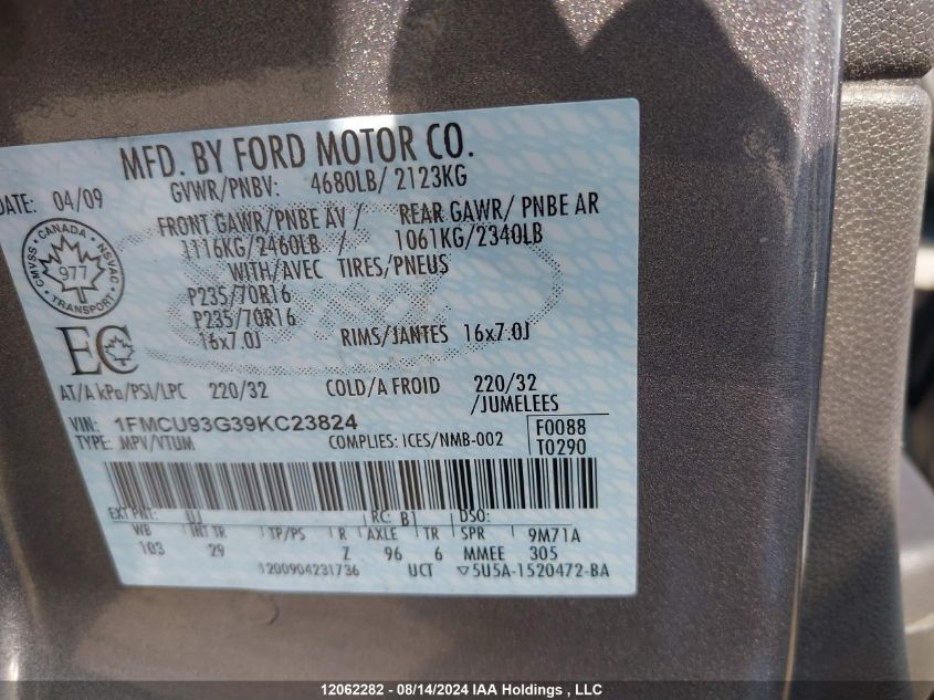 2009 Ford Escape Xlt VIN: 1FMCU93G39KC23824 Lot: 12062282