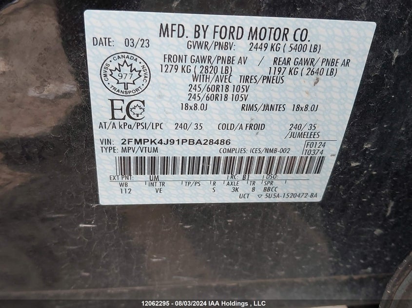 2023 Ford Edge Sel VIN: 2FMPK4J91PBA28486 Lot: 12062295