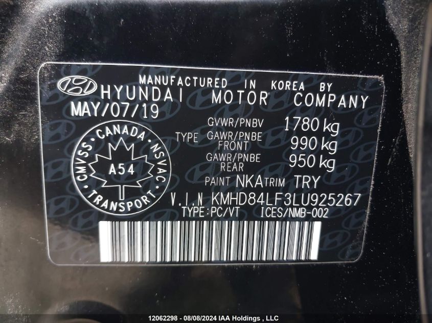 2020 Hyundai Elantra VIN: KMHD84LF3LU925267 Lot: 12062298