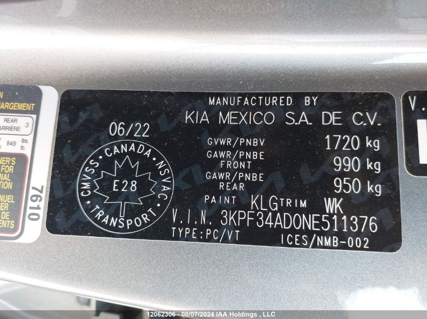 2022 Kia Forte Gt Line VIN: 3KPF34AD0NE511376 Lot: 12062306