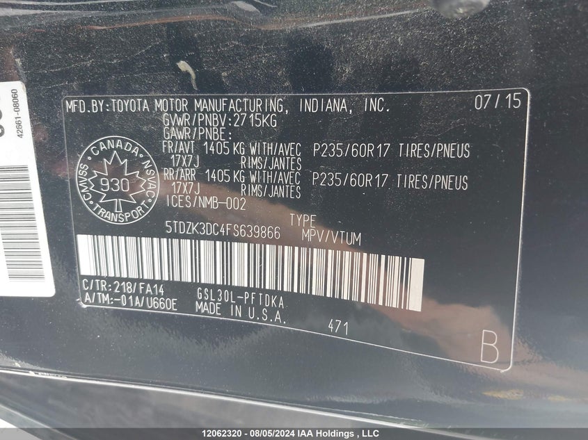 2015 Toyota Sienna VIN: 5TDZK3DC4FS639866 Lot: 12062320