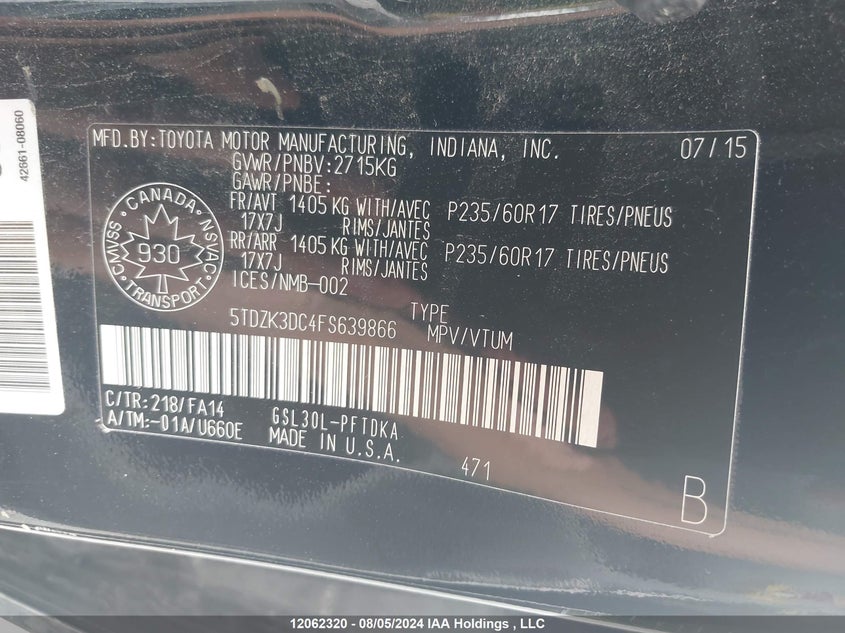 2015 Toyota Sienna VIN: 5TDZK3DC4FS639866 Lot: 12062320